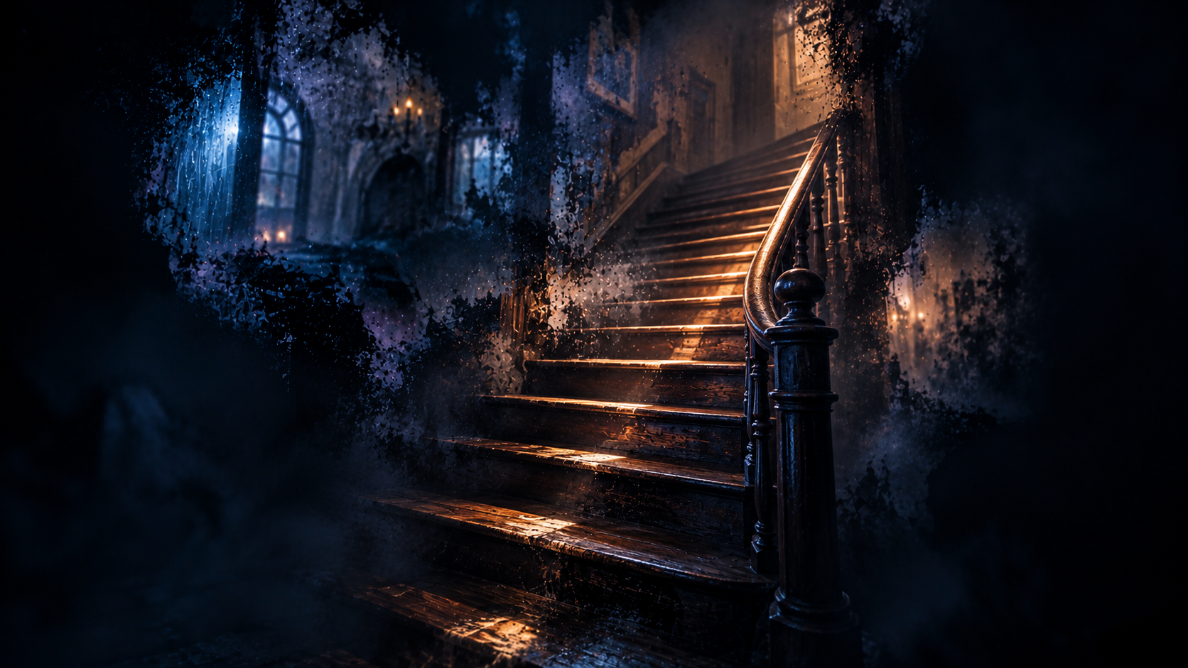 A single remembered staircase remaining clearly visible while the rest of a dream has faded into darkness.