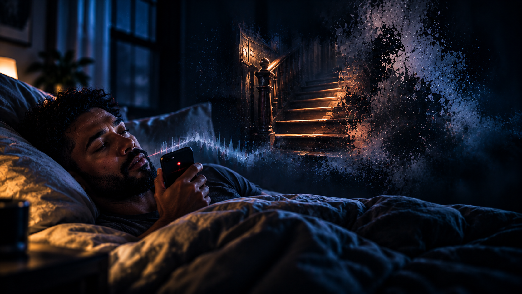 Half-awake dreamer quietly recording one surviving dream fragment by voice before the memory disappears.