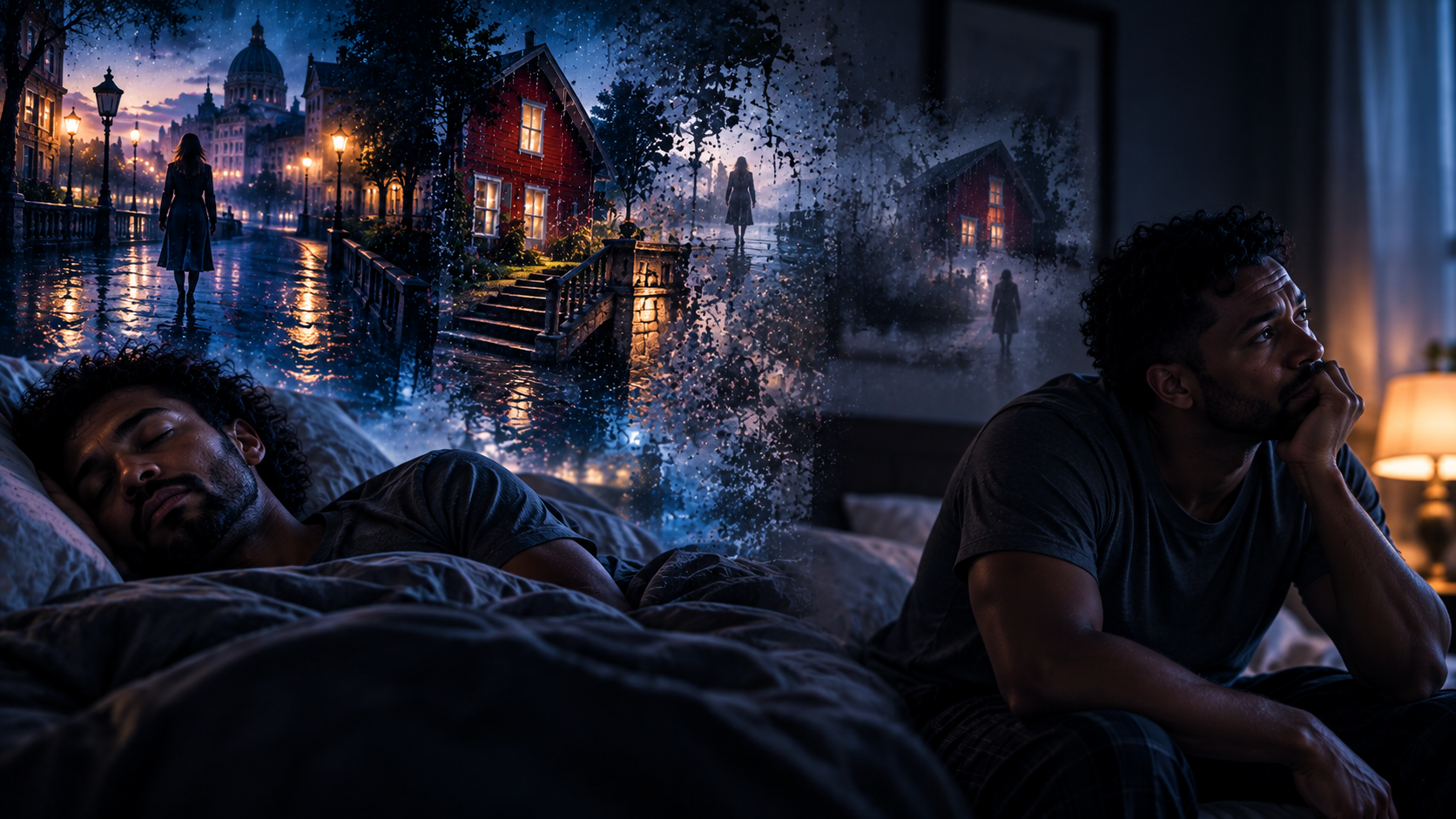 Cinematic visualization contrasting a rich dream experience with the fragments available after waking.
