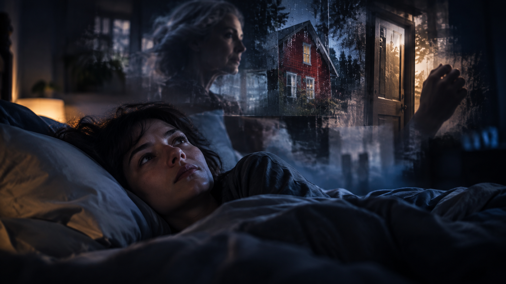 Person waking in bed as fragmented dream memories begin to fade around them.