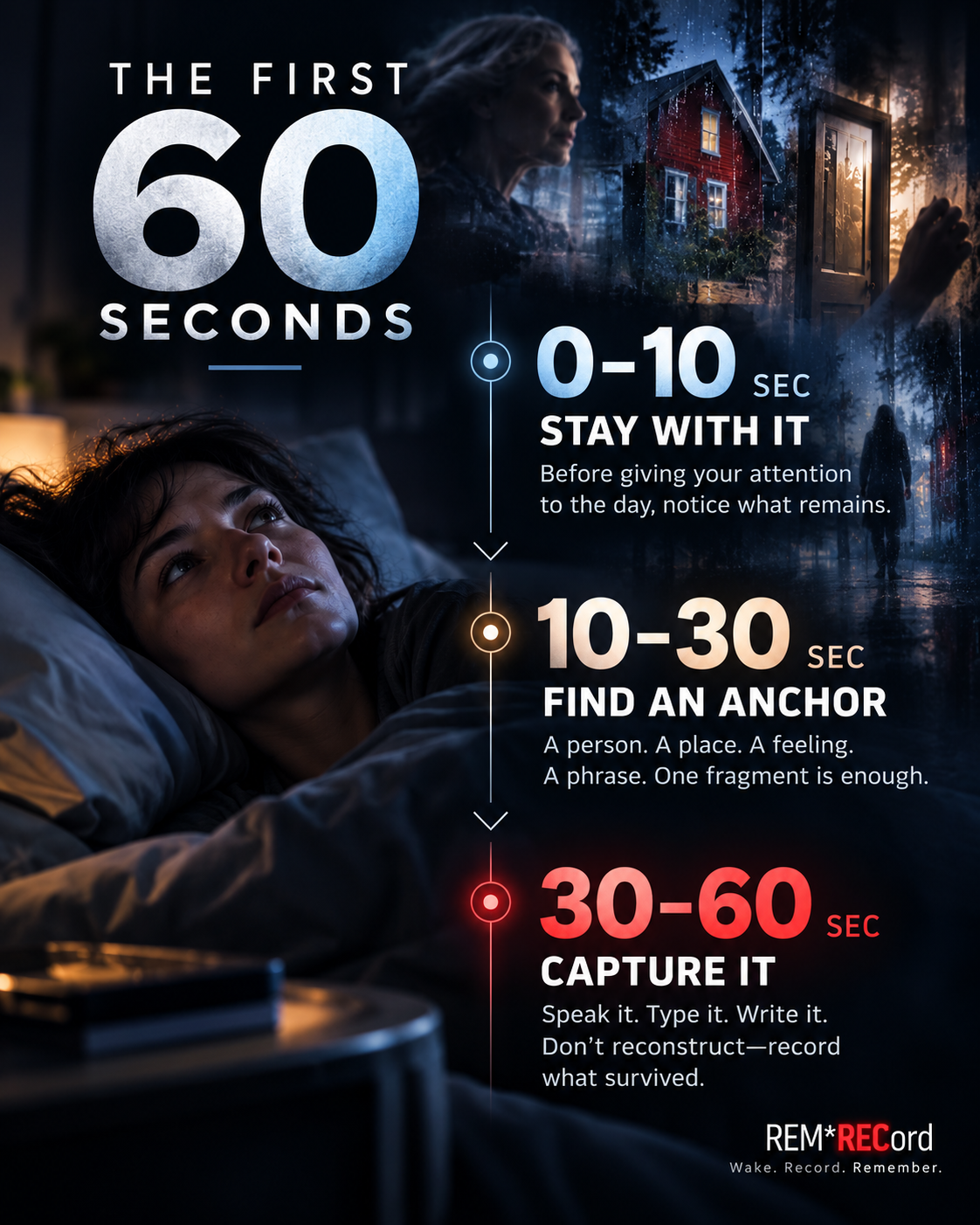 REM*RECord First 60 Seconds Method showing Stay With It, Find an Anchor, and Capture It after waking.