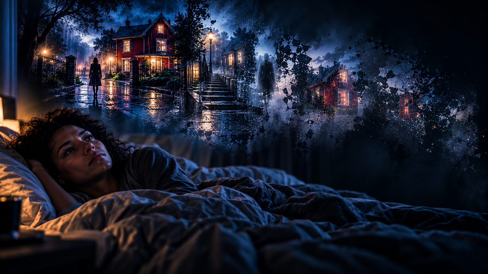 Dream memory progressing from a detailed scene to a single surviving fragment as recall fades after waking.